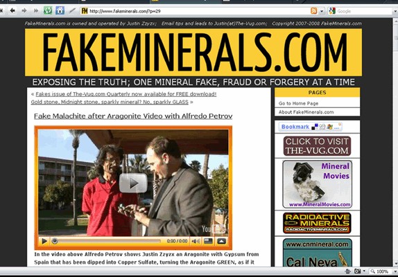 screen capture of fakesminerals.com website.
